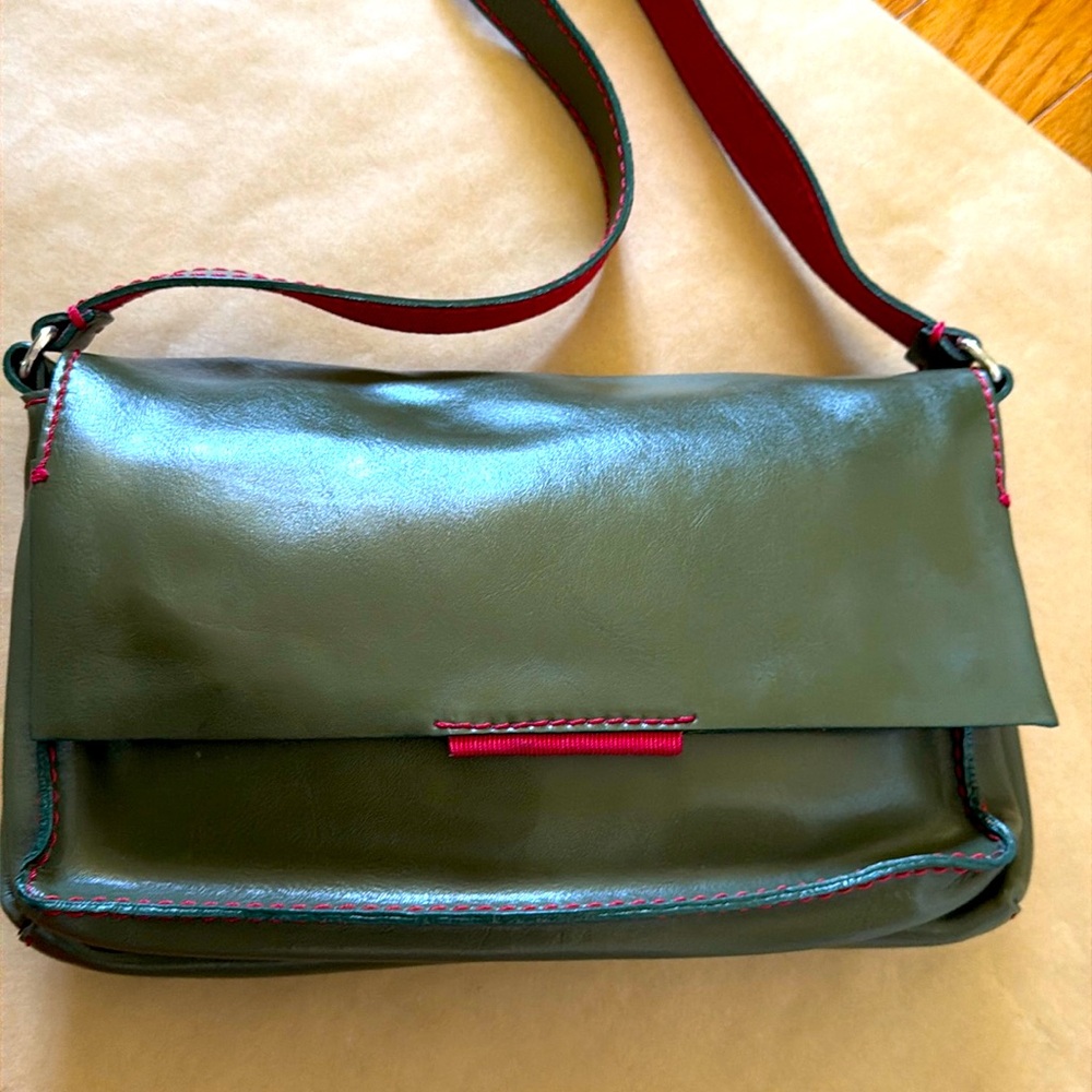 Francesco Biasia Army Green Deep Red Leather N Suede Shoulder Bag MINT condition - Picture 1 of 16